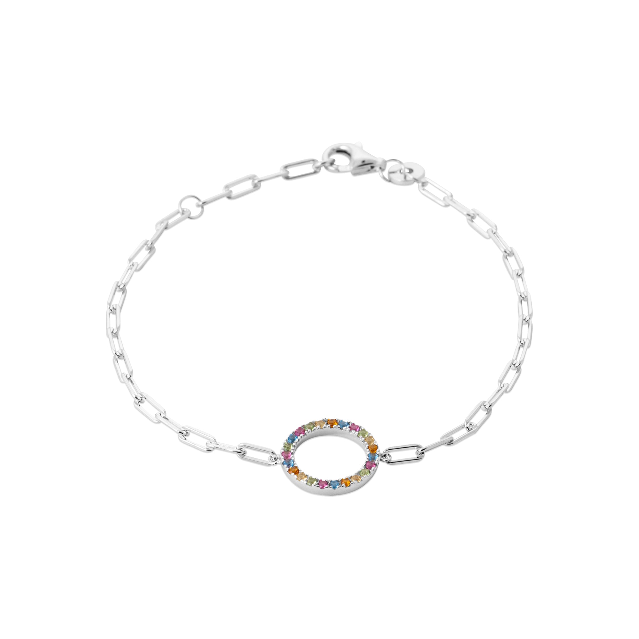 Bracelet argent Rainbow maille fine avec anneau serti de zircons multicolores - Bijou photographié sur fond blanc