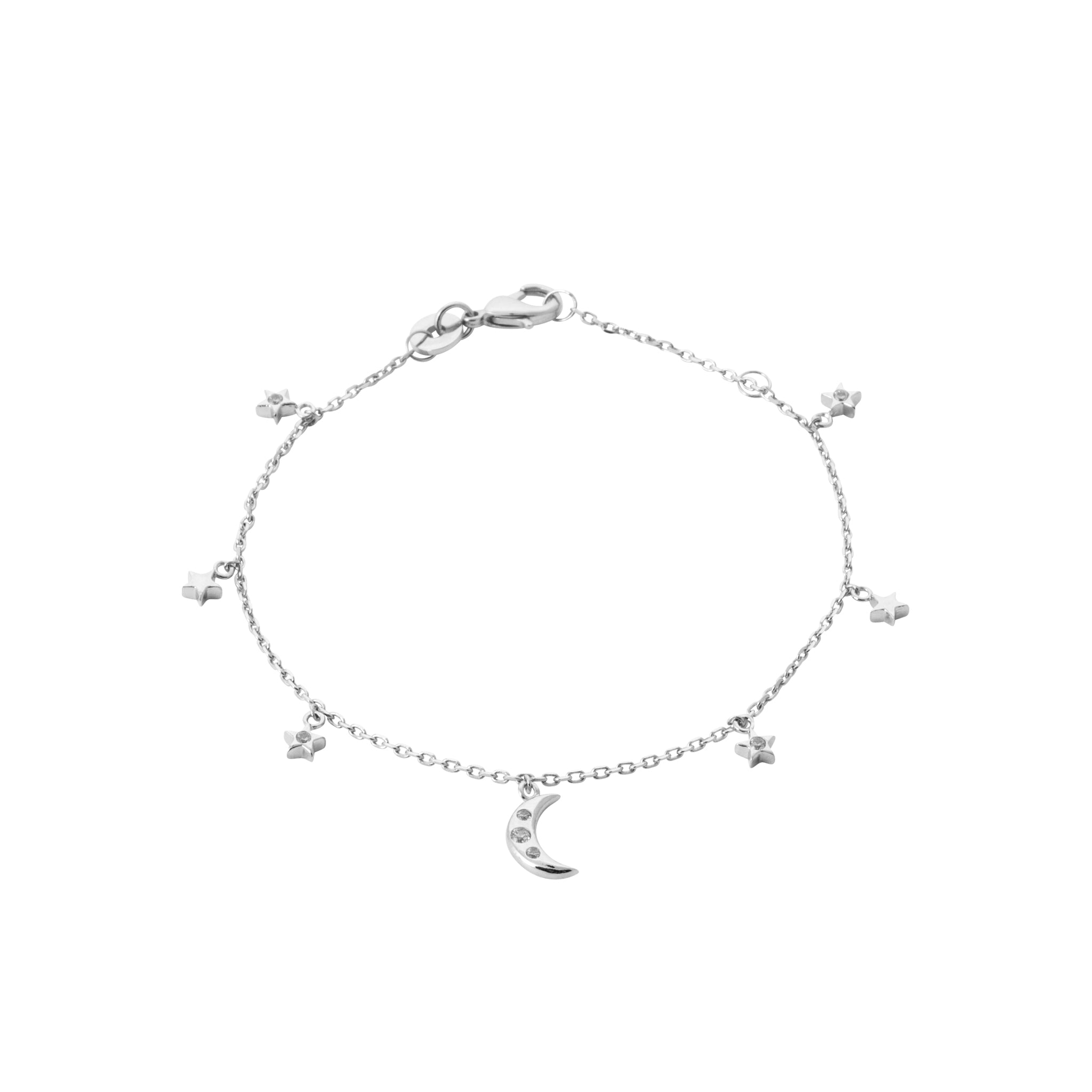 Bracelet en argent Stella pampilles lune et étoiles avec zircons - Bijou photographié sur fond blanc