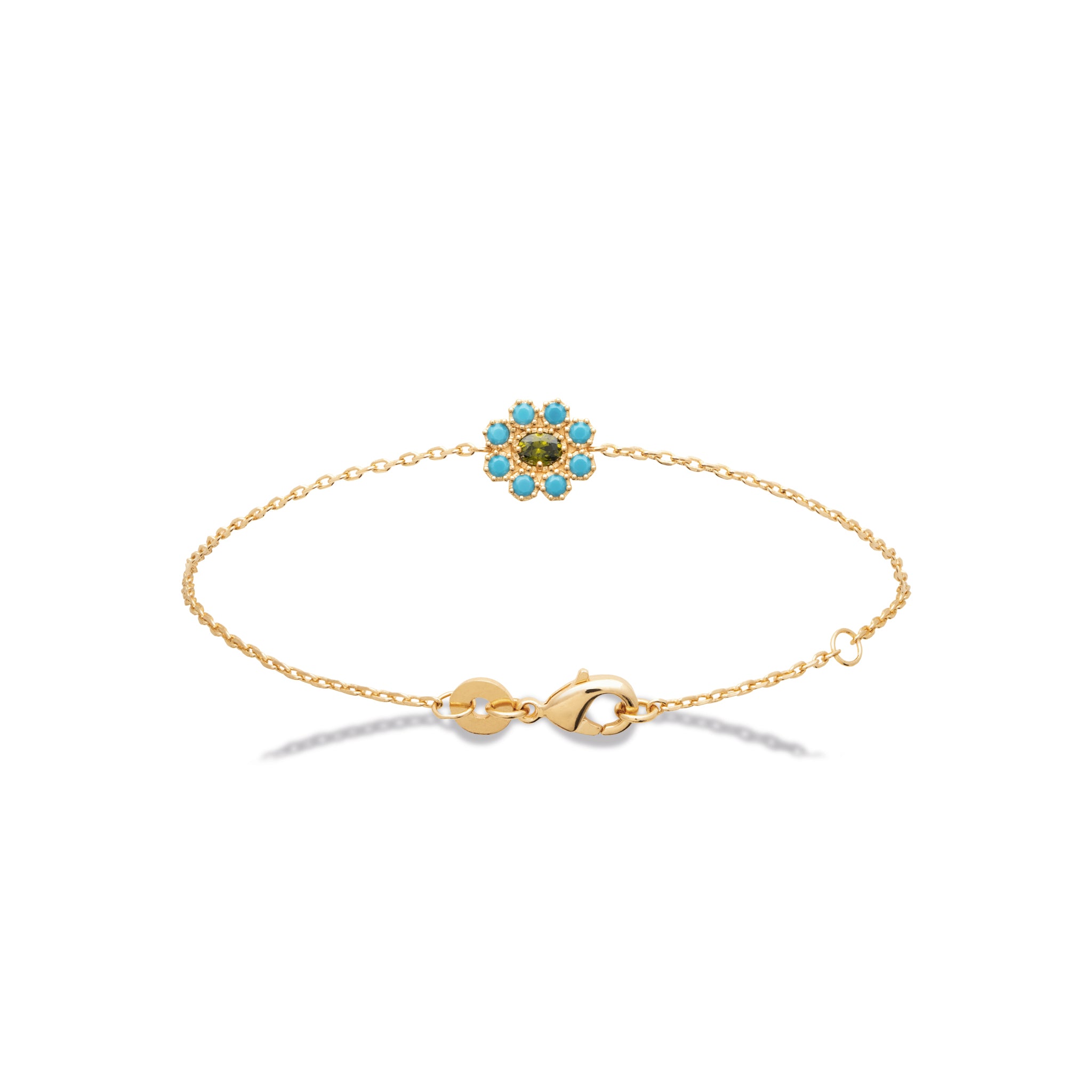 Bracelet doré Ariana orné d'une fleur sertie de zircons turquoises et verts - Bijou sur fond blanc