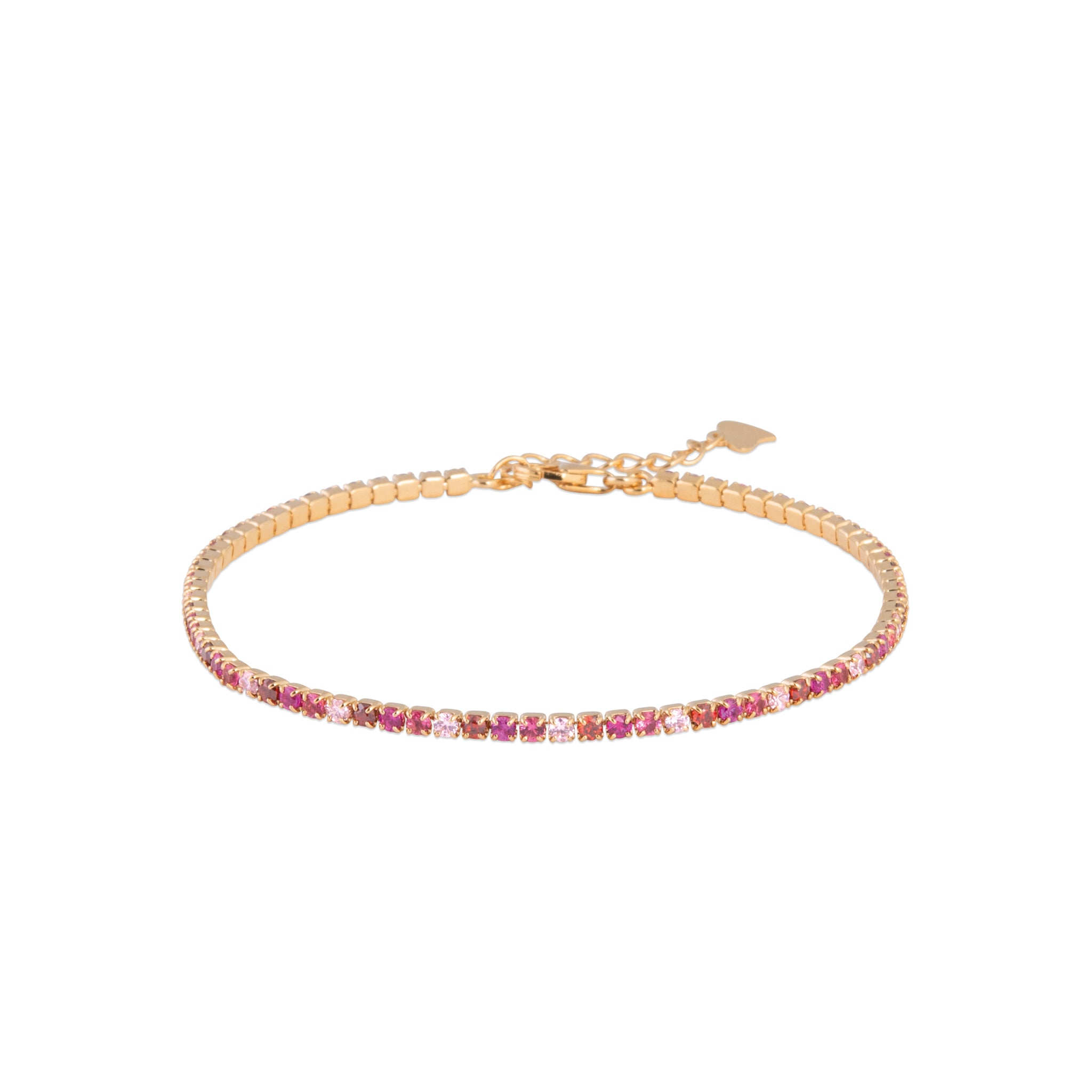 Bracelet tennis doré Felicia rose serti de zircons roses, fuchsia et orange - Bijou sur fond blanc