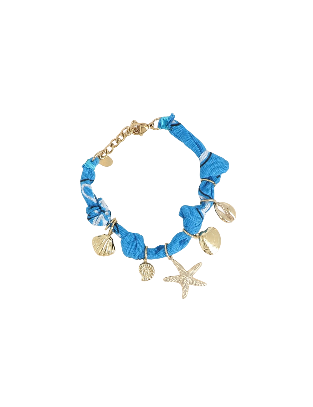 Bracelet doré Yarina bandana bleu avec pendentifs étoile de mer et coquillages - Bijou sur fond blanc