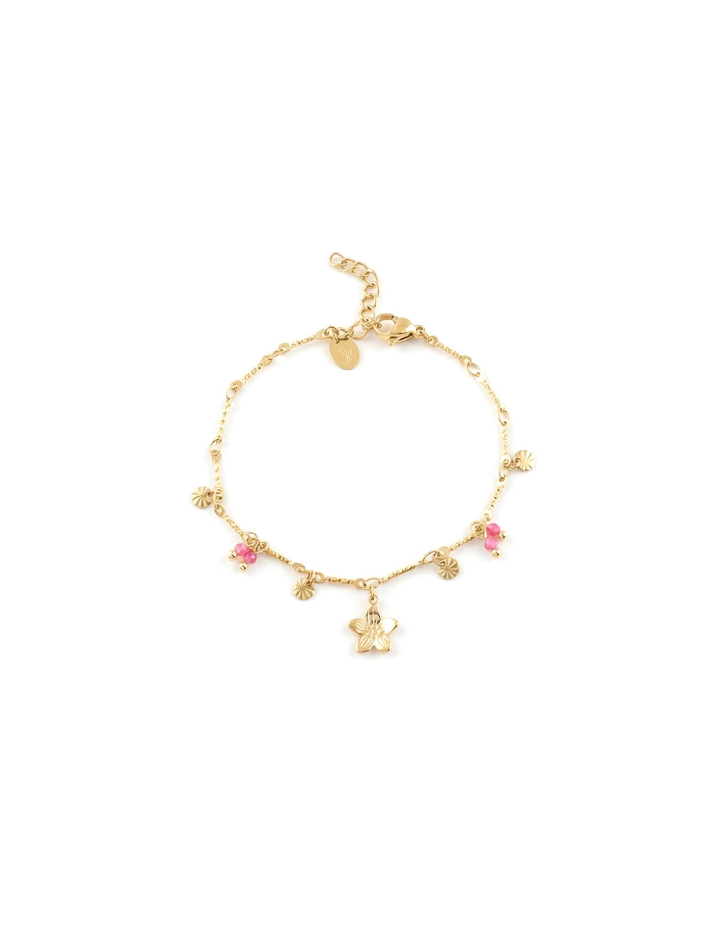 Bracelet doré Cassilde orné de pampilles striées, de pierres en agate fuchsia et d’une fleur - Bijou sur fond blanc