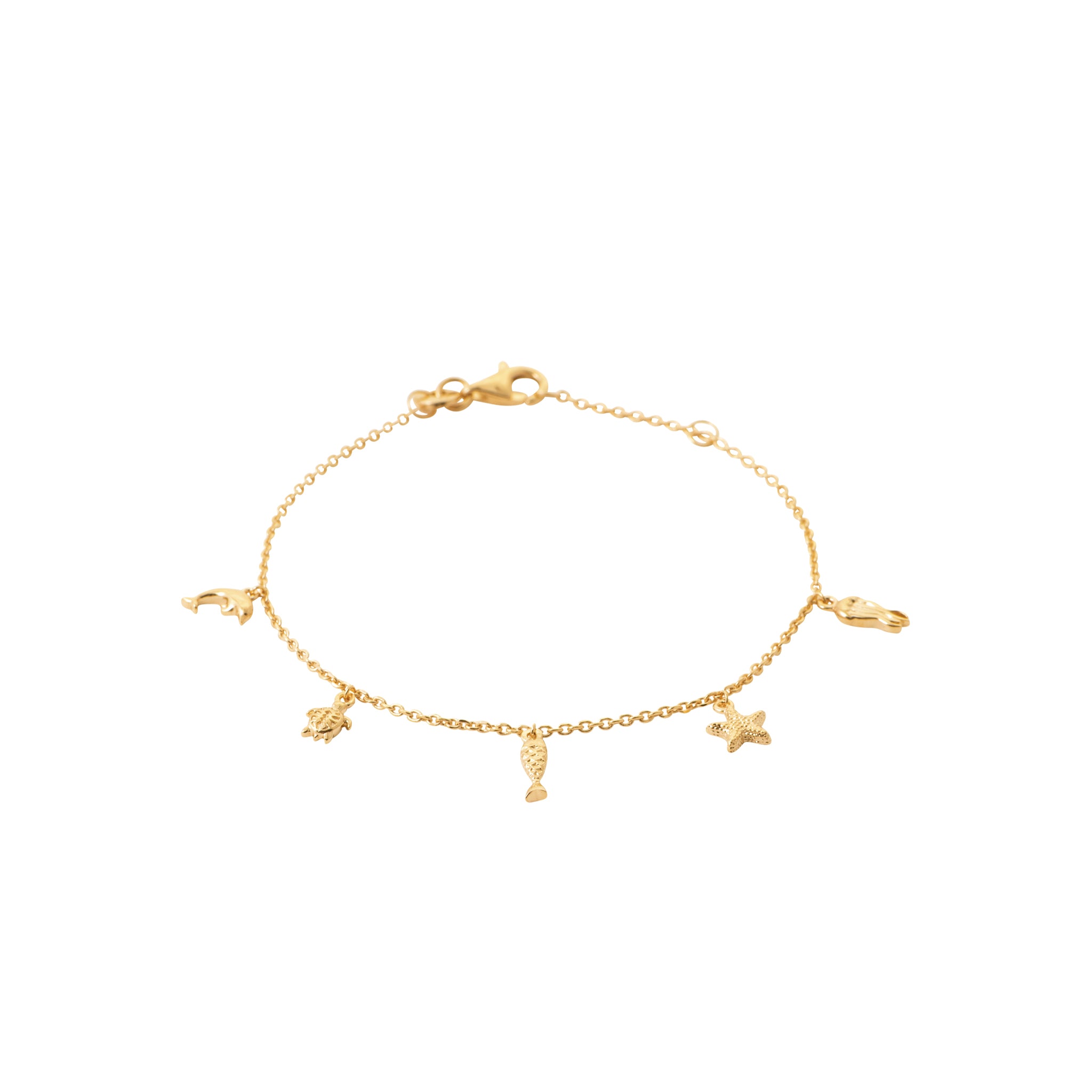 Bracelet doré Cléo orné de pampilles dauphin, tortue, poisson, étoile de mer et méduse - Bijou sur fond blanc