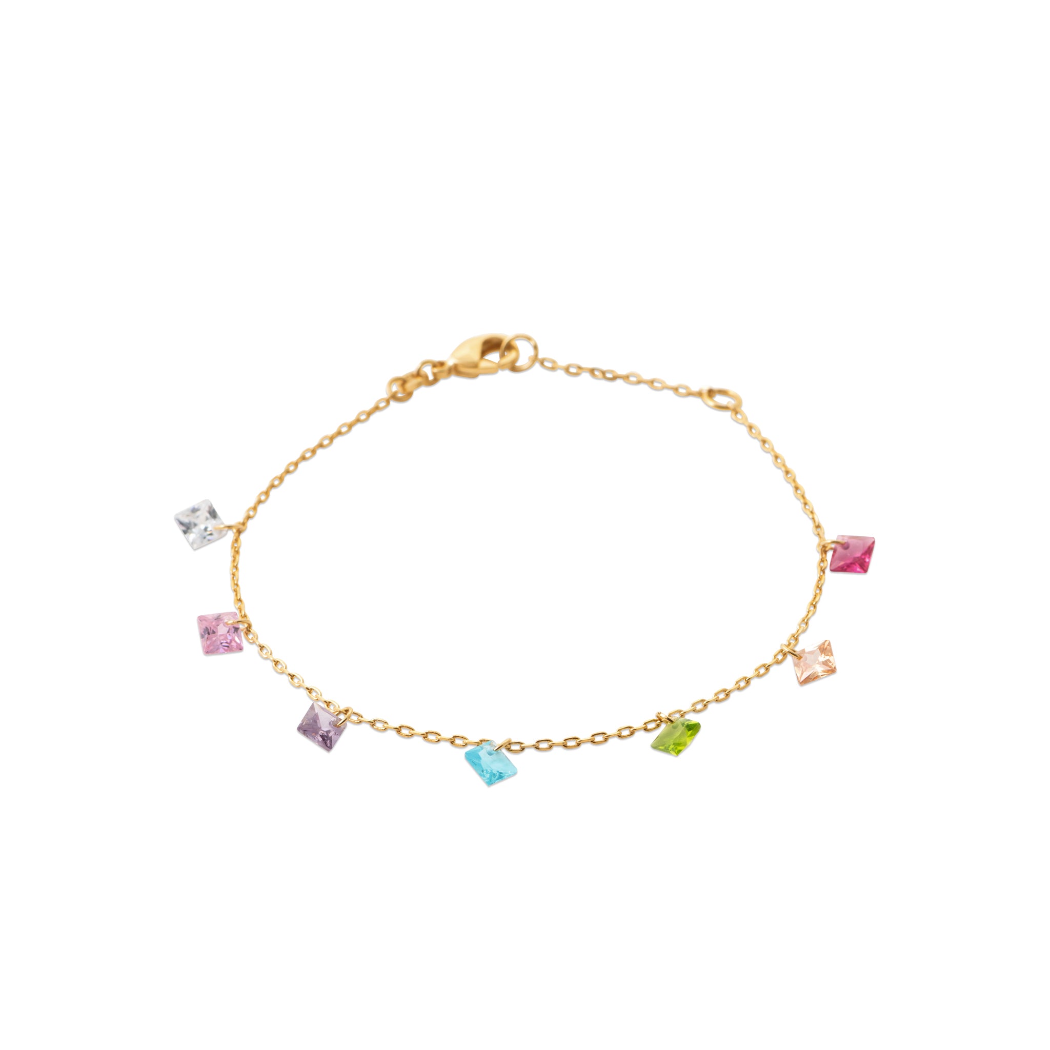 Bracelet doré Edwina orné de pampilles zircons multicolores en forme de losange - Bijou sur fond blanc