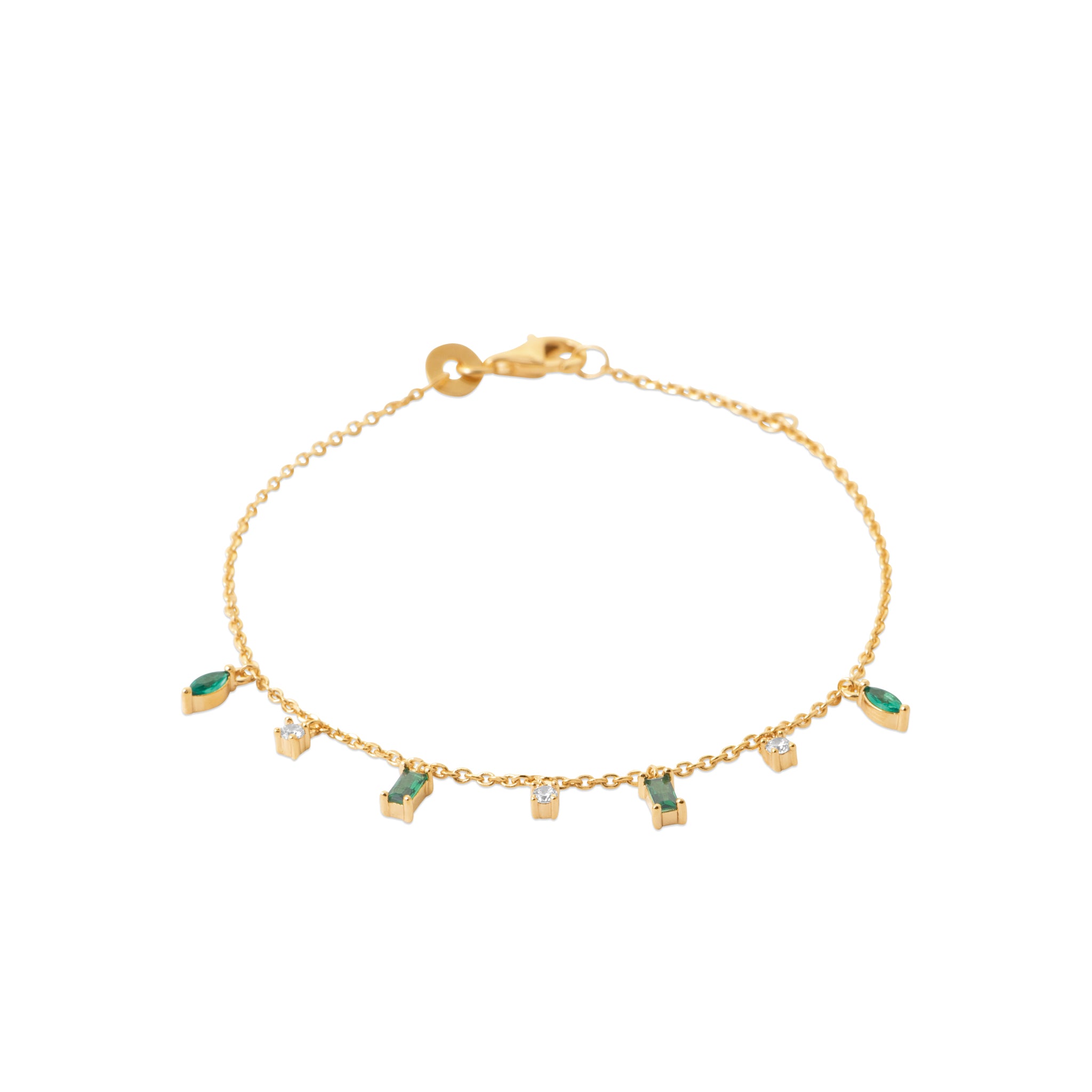 Bracelet doré Eloïse orné de pampilles zircons vertes et blanches - Bijou sur fond blanc
