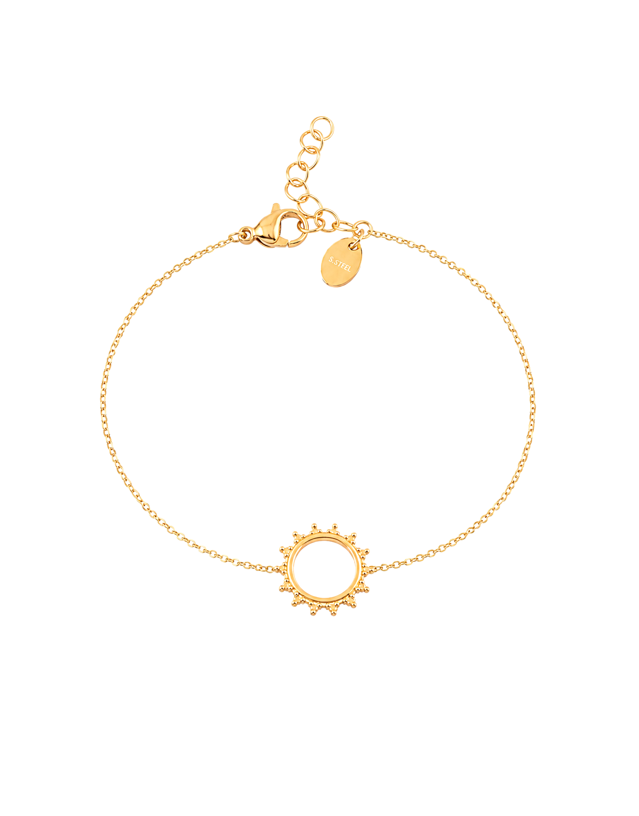 Bracelet doré Haneya chaîne fine orné d'un soleil ajouré - Bijou sur fond blanc