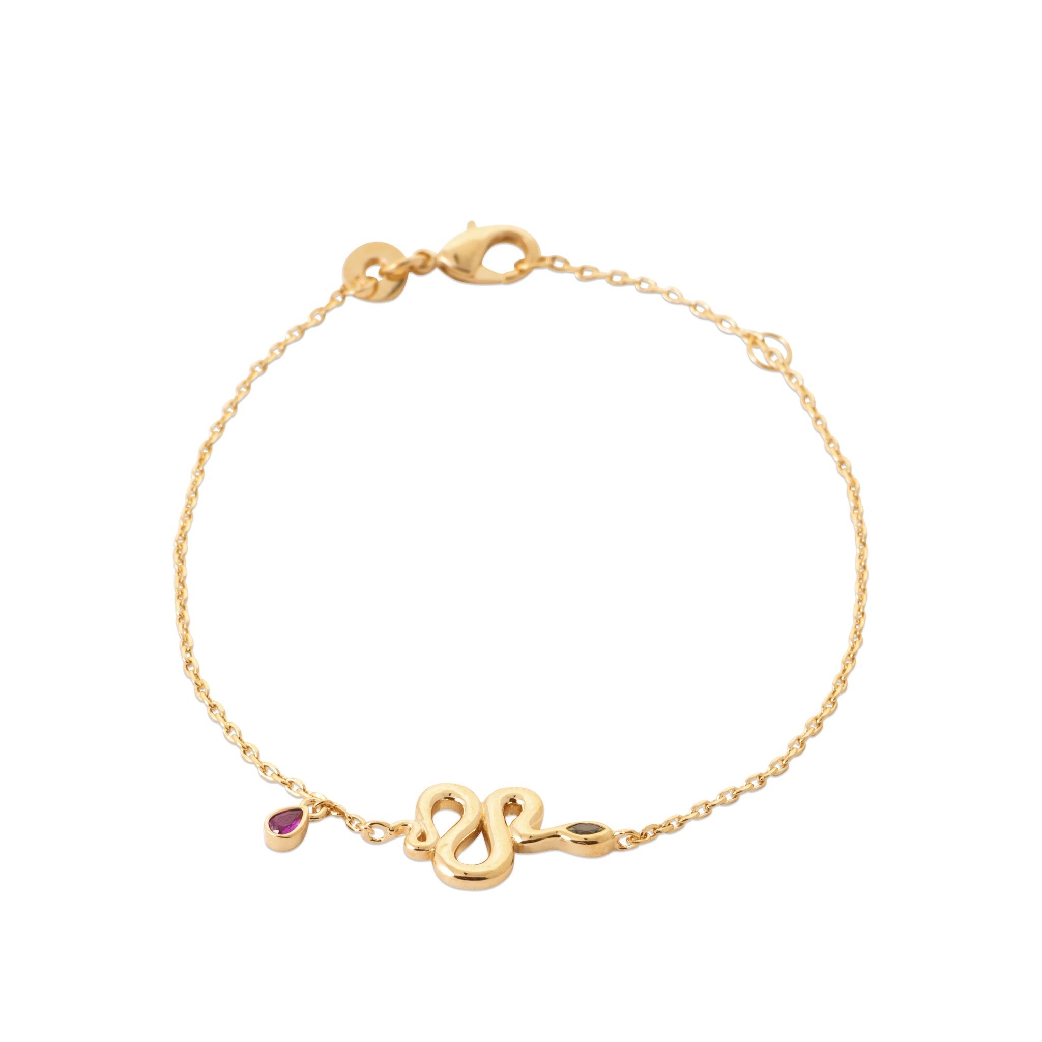 Bracelet doré Jules serpent avec zircons vert et rose - Bijou photographié sur fond blanc