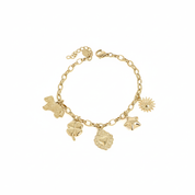 Bracelet maille doré Julie avec pendentifs soleil, étoile, cœur, trèfle et cheval - Bijou photographié sur fond blanc