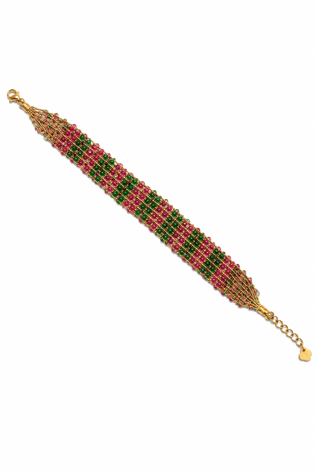 Bracelet tissé doré pierres naturelles Leni fuchsia et vert - Bijou sur fond blanc