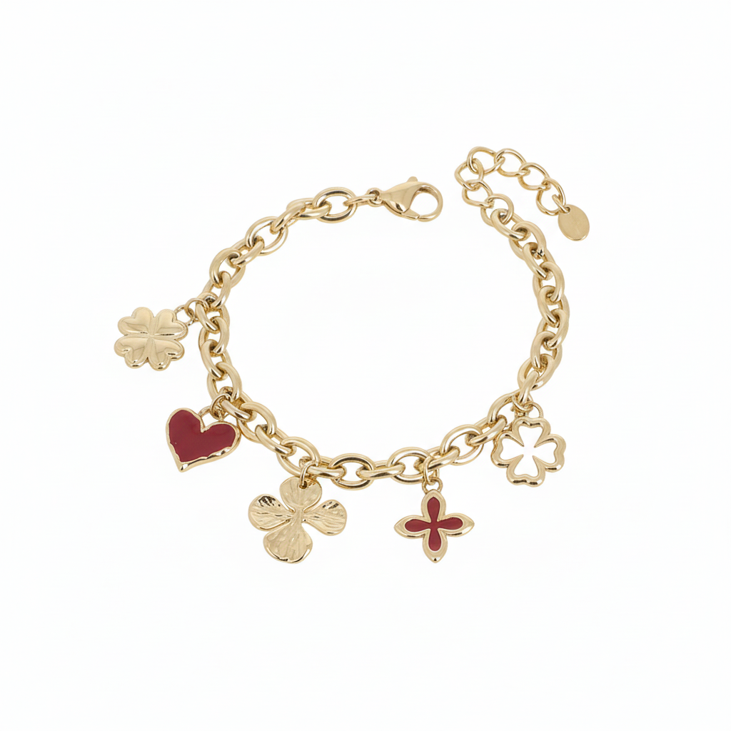 Bracelet doré Lounes maille avec pendentifs coeur et trèfles - Bijou photographié sur fond blanc
