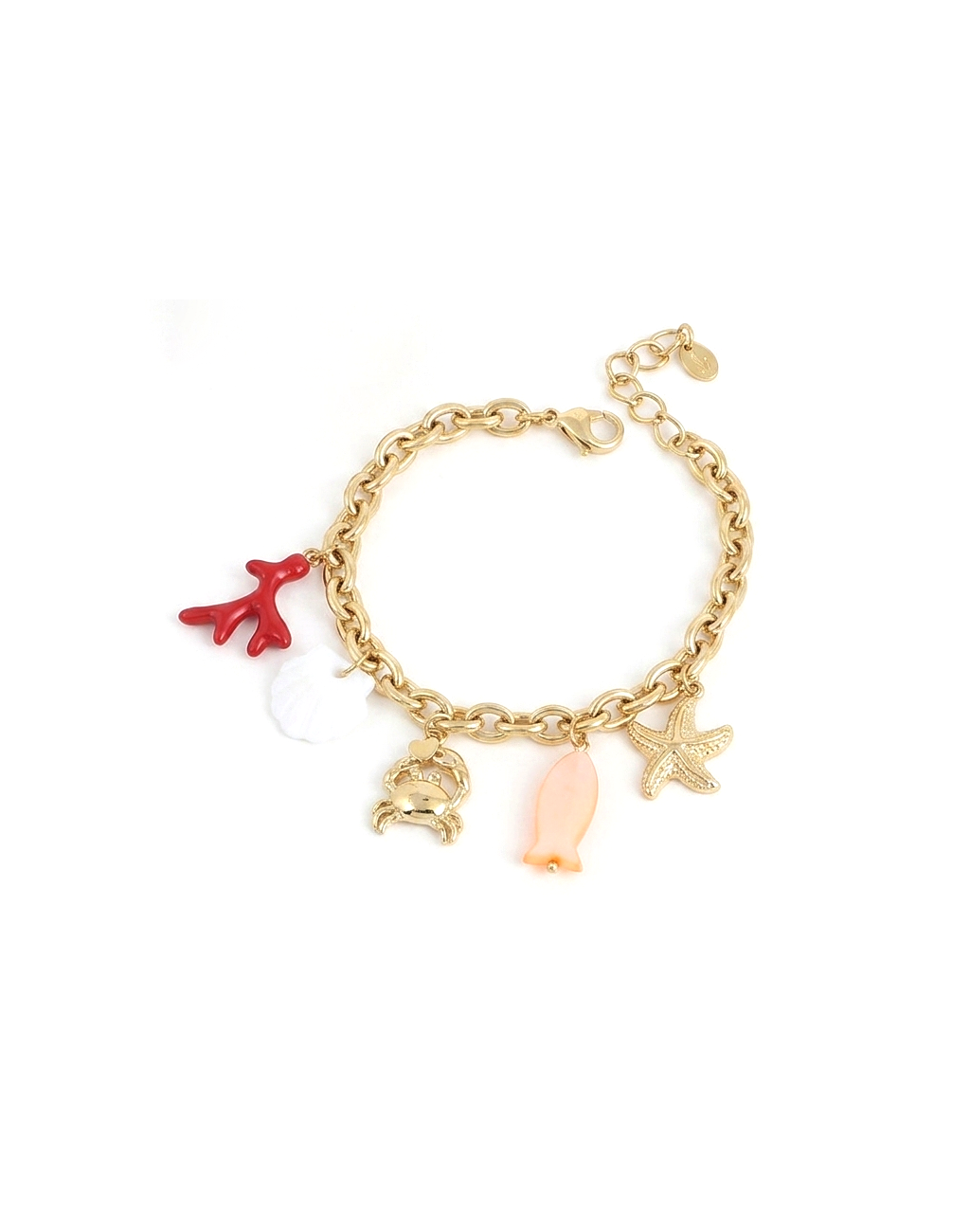 Bracelet maille doré Corail pendentifs coquillage en nacre, crabe qui porte un cœur, étoile de mer, poisson et corail - Bijou sur fond blanc