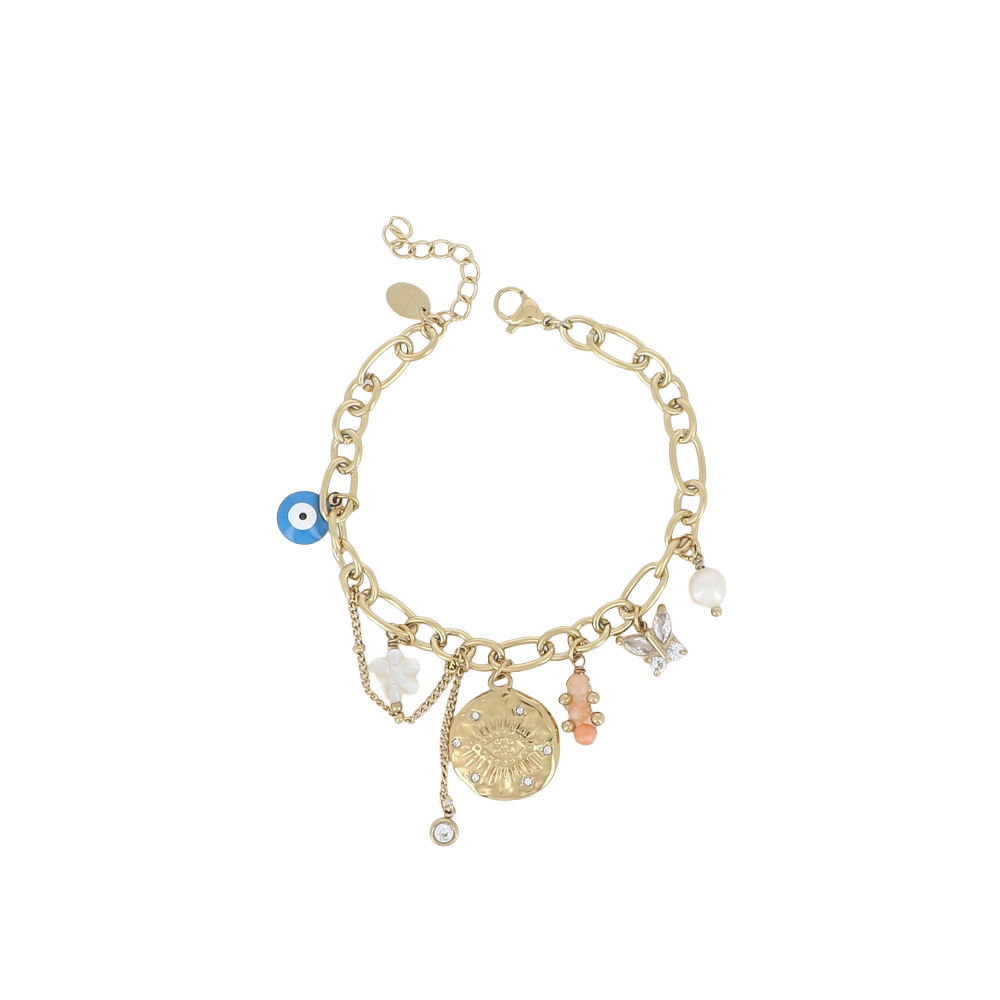 Bracelet maille doré Mattia avec pendentifs œil, papillon, fleur, pierres naturelles et chaîne pendante - Bijou sur fond blanc