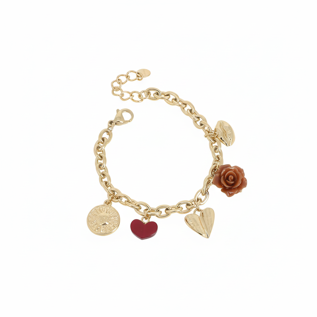 Bracelet maille doré Octave avec pendentifs soleil, rose, cœur et bouche - Bijou photographié sur fond blanc