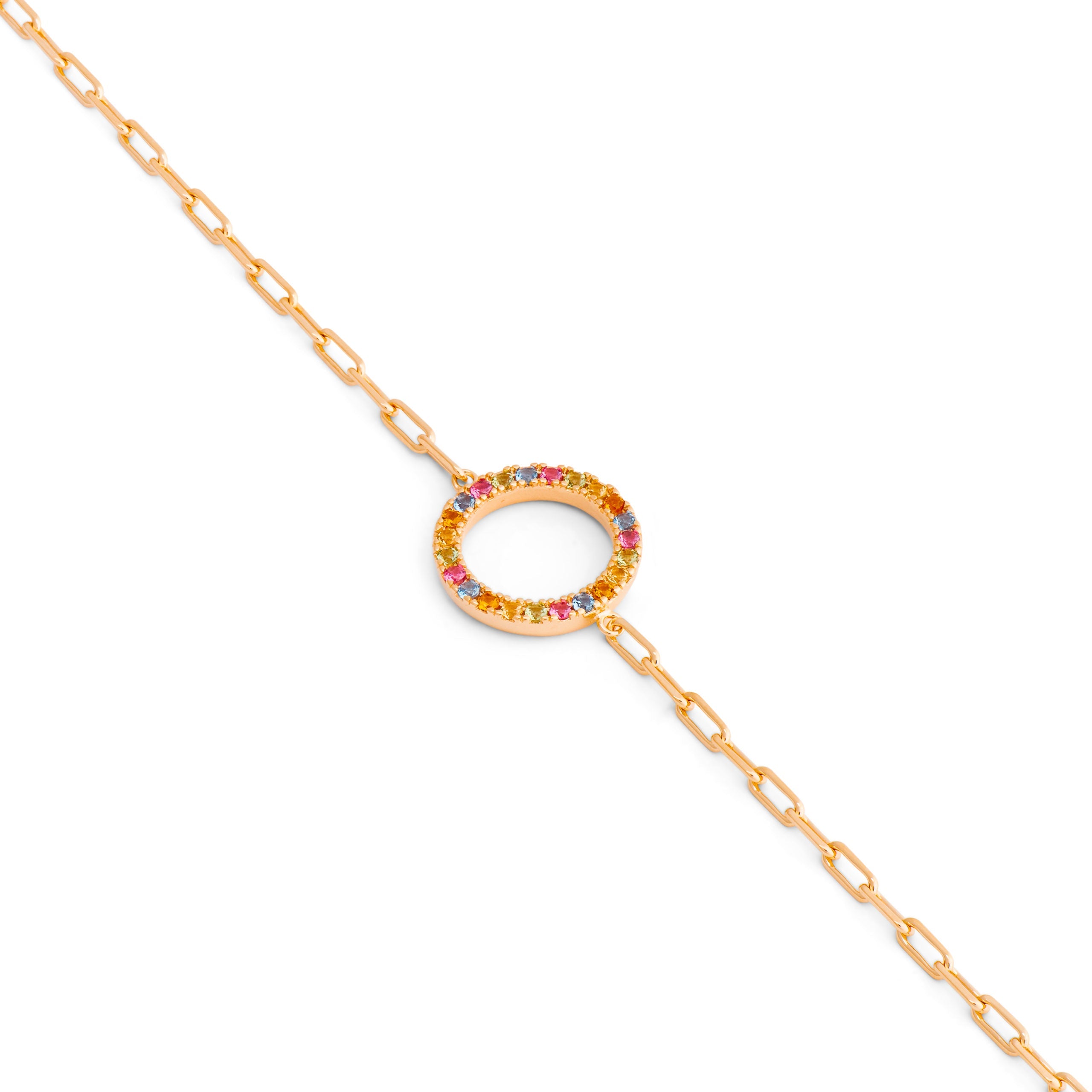Bracelet doré Rainbow maille fine avec anneau serti de zircons multicolores - Bijou photographié sur fond blanc