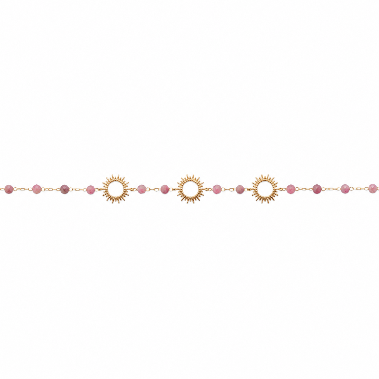 Bracelet doré Shams rhodonite orné de perles en rhodonite et soleils - Bijou sur fond blanc