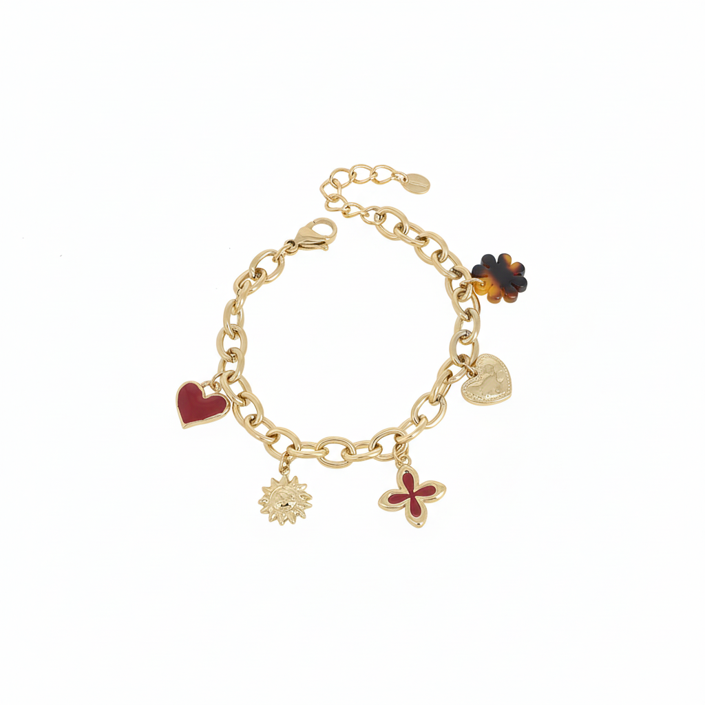 Bracelet doré Tommy maille avec pendentifs cœurs, soleil, trèfle et fleur - Bijou photographié sur fond blanc