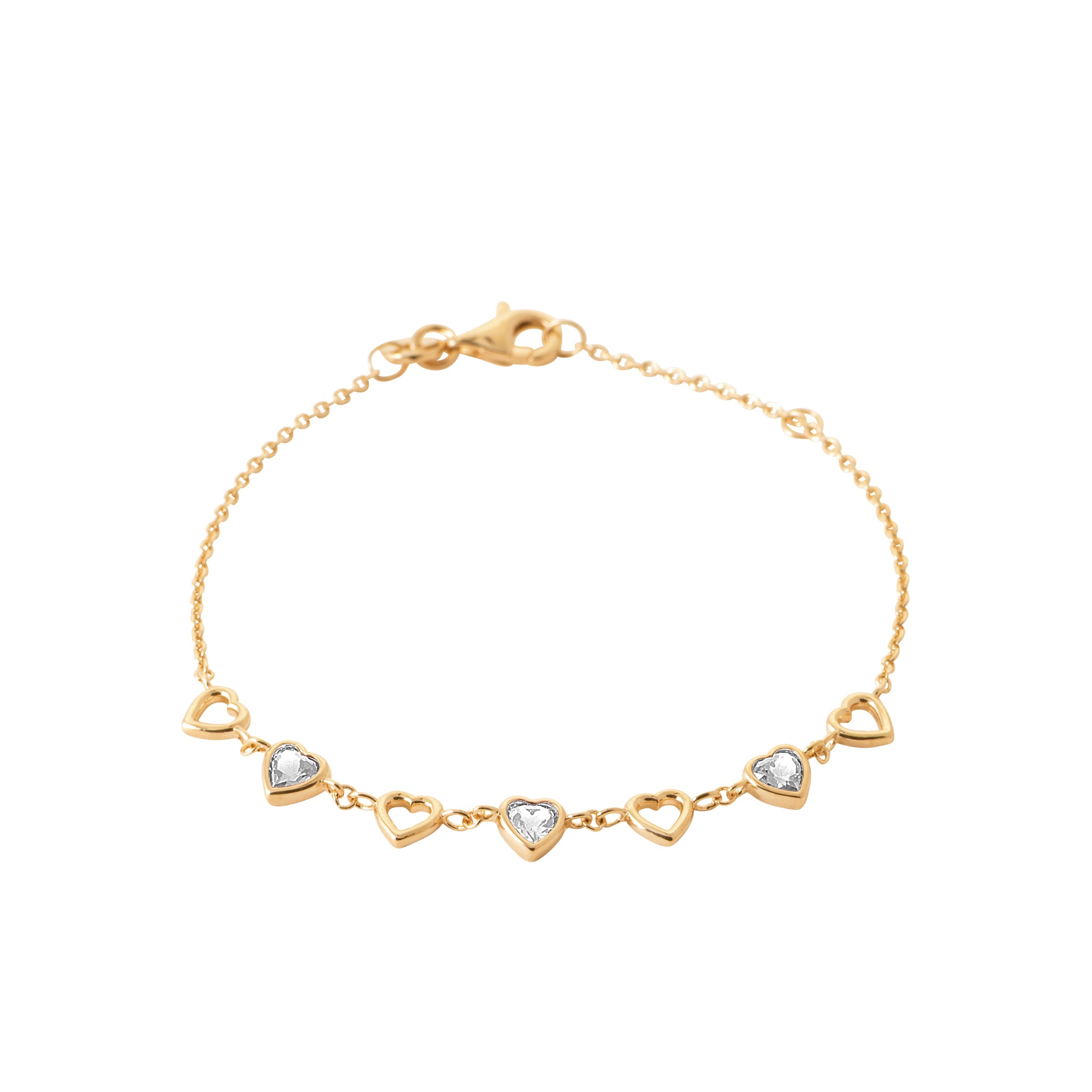 Bracelet doré Isidora avec cœurs ajourés et cœurs sertis de zircons - Bijou photographié sur fond blanc