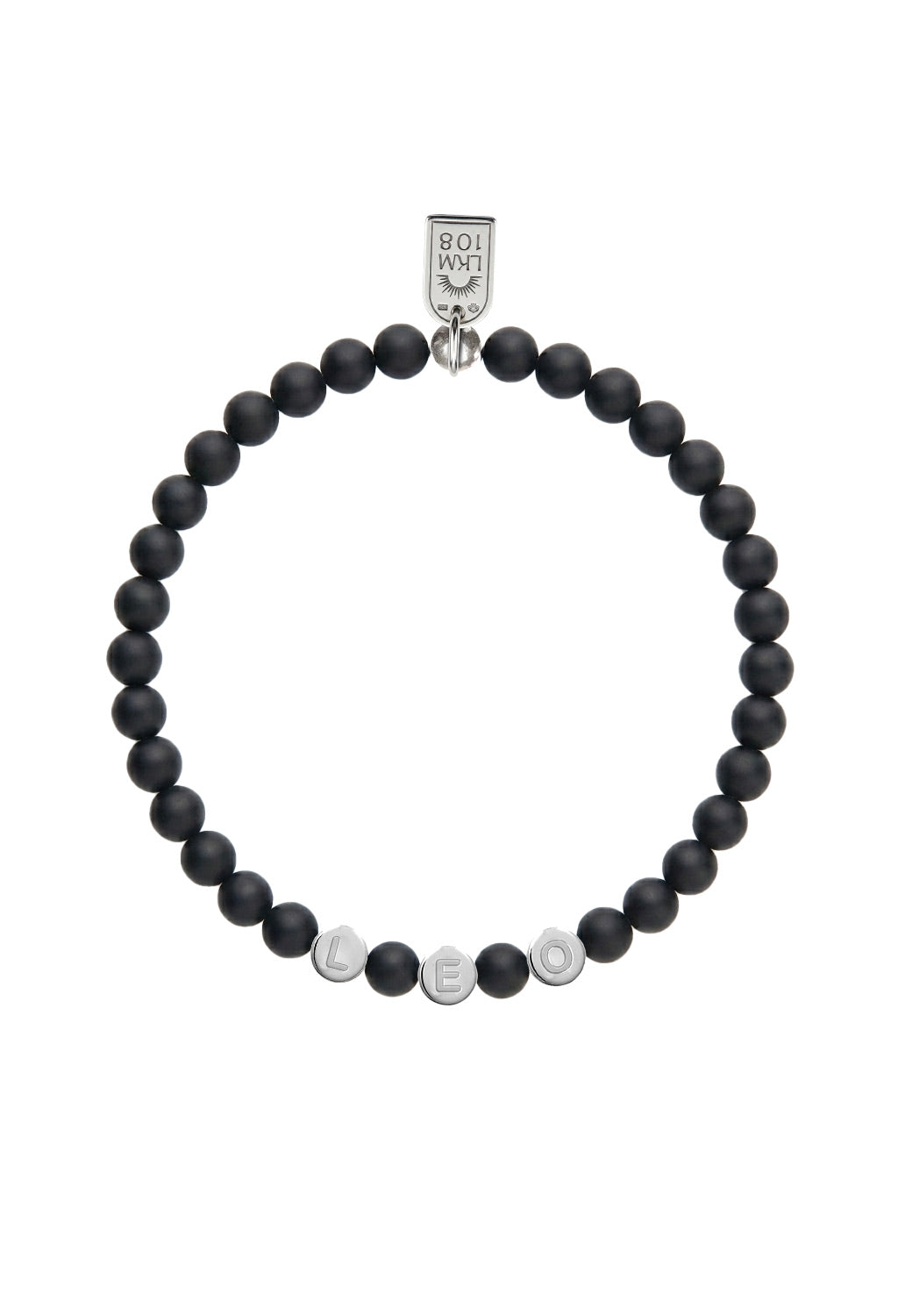 Bracelet personnalisable agate noire mate pour perles initiales argent Léo 4 mm - Bijou sur fond blanc