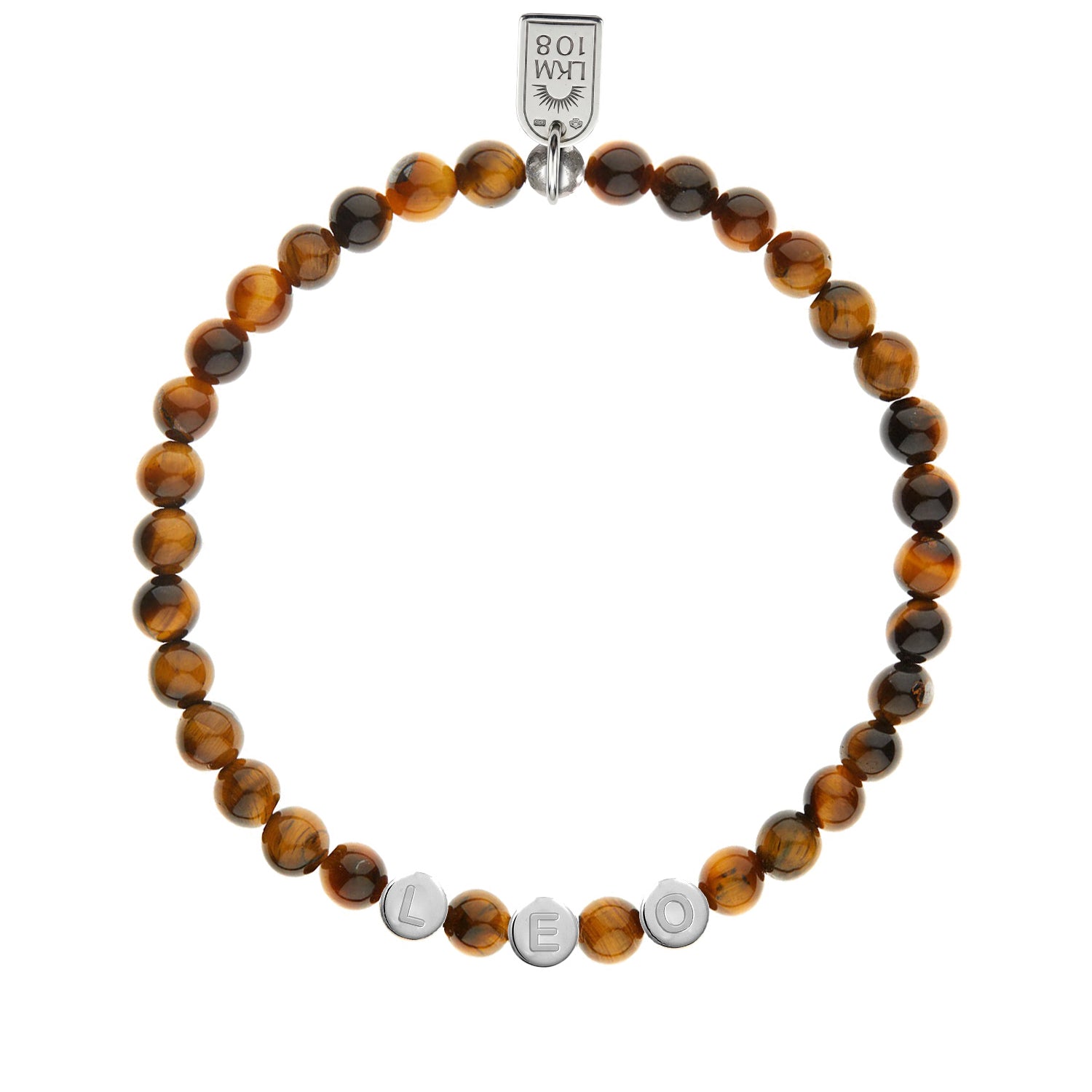 Bracelet personnalisable oeil de tigre pour perles initiales argent Léo 4 mm - Bijou sur fond blanc