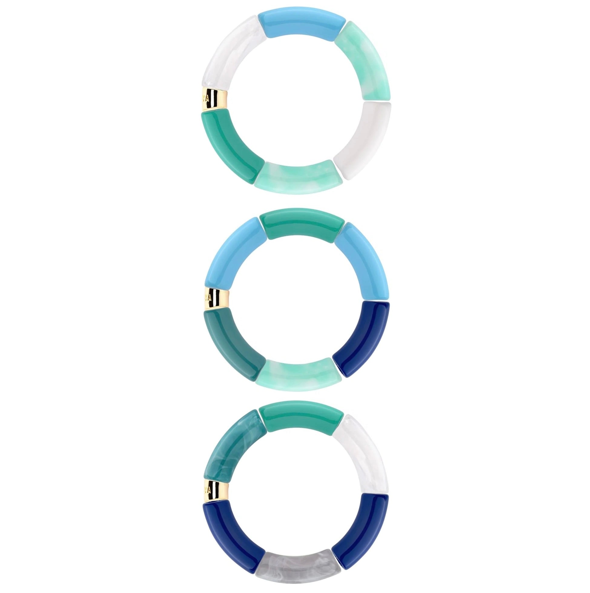 Bracelets dorés Oceano trio turquoise, bleu, gris et blanc - Bijoux photographiés sur fond blanc