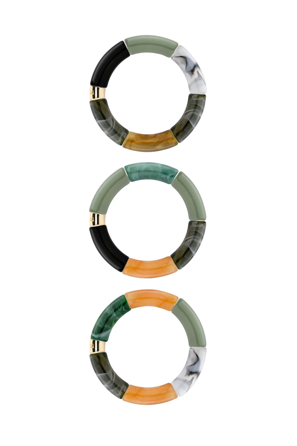 Bracelets dorés Pipoca Cactus trio vert, noir, orange et blanc - Bijoux photographiés sur fond blanc