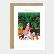 Carte d'anniversaire en papier naturel blanc avec une femme qui promène des chiens - Papeterie
