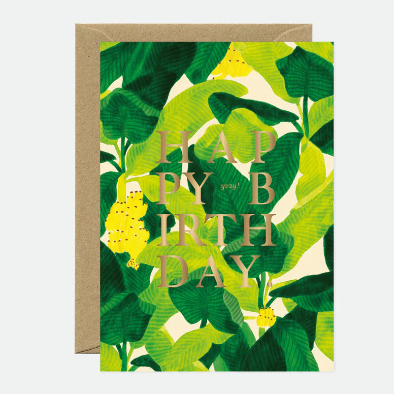 Carte d'anniversaire en papier naturel blanc avec des feuilles de bananier et des bananes - Papeterie