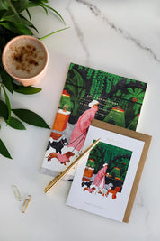 Carte d'anniversaire en papier naturel blanc avec une femme qui promène des chiens - Papeterie