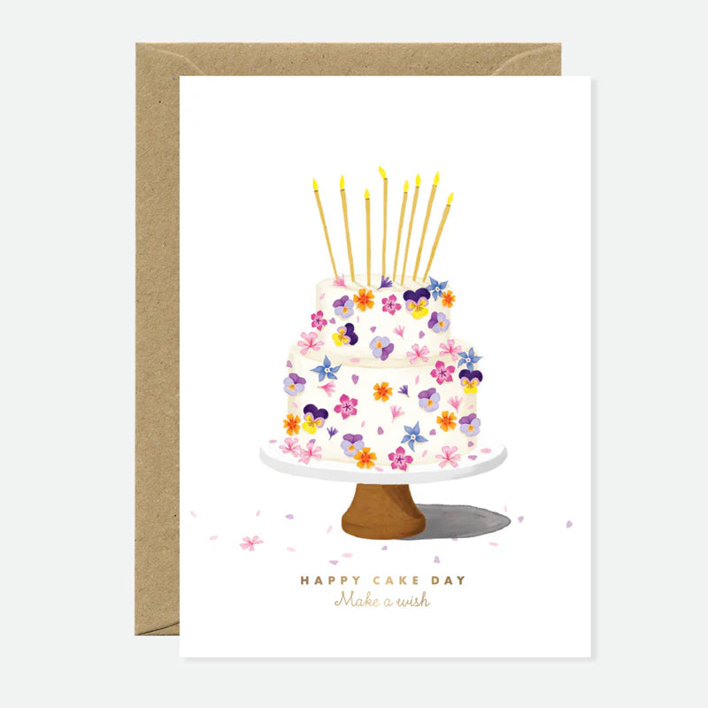 Carte d'anniversaire en papier naturel blanc gâteau avec des fleurs - Papeterie