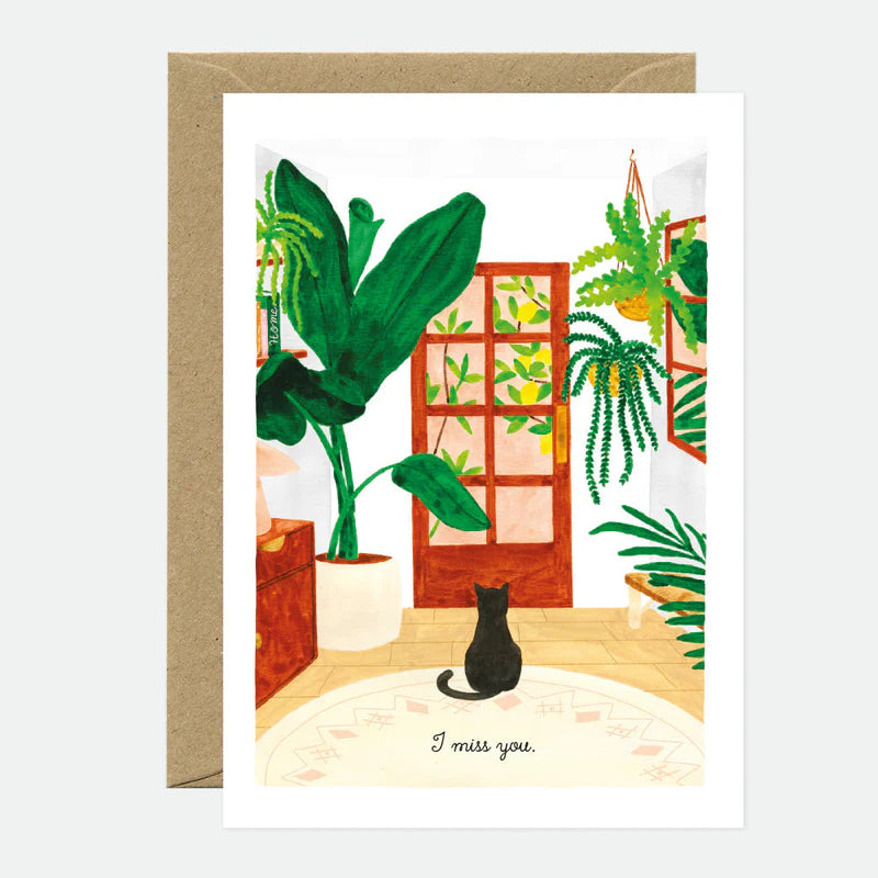 Carte de vœux en papier naturel blanc avec un chat qui attend devant une porte - Papeterie