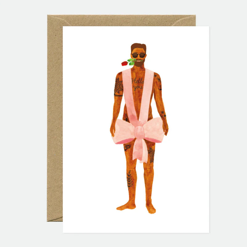 Carte de vœux en papier naturel blanc homme nu vêtu d'un noeud d'emballage cadeau rose - Papeterie