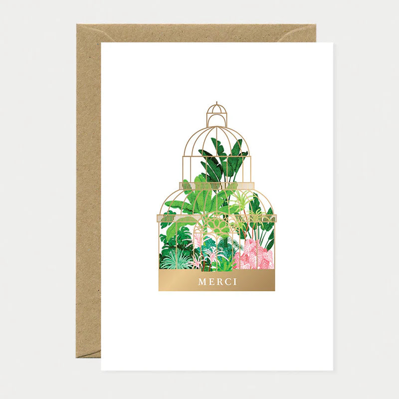 Carte de vœux en papier naturel blanc avec une grande serre tropicale dorée - Papeterie
