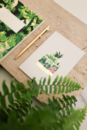 Carte de vœux en papier naturel blanc avec une grande serre tropicale dorée - Papeterie