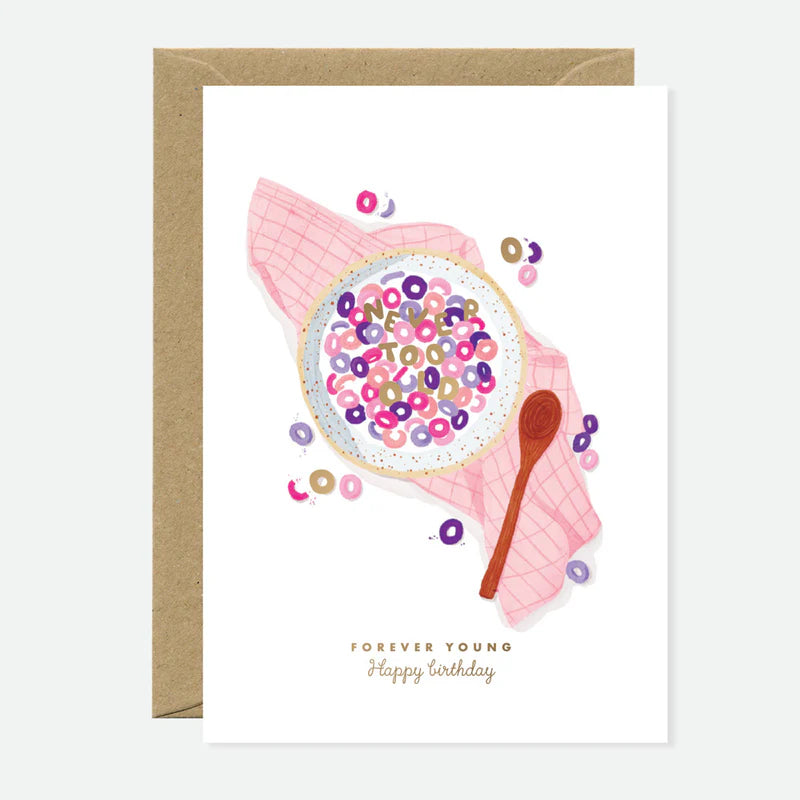 Carte d'anniversaire en papier naturel blanc avec un bol de céréales colorés - Papeterie