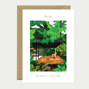 Carte d'anniversaire en papier naturel blanc avec une fille qui fait du yoga - Papeterie
