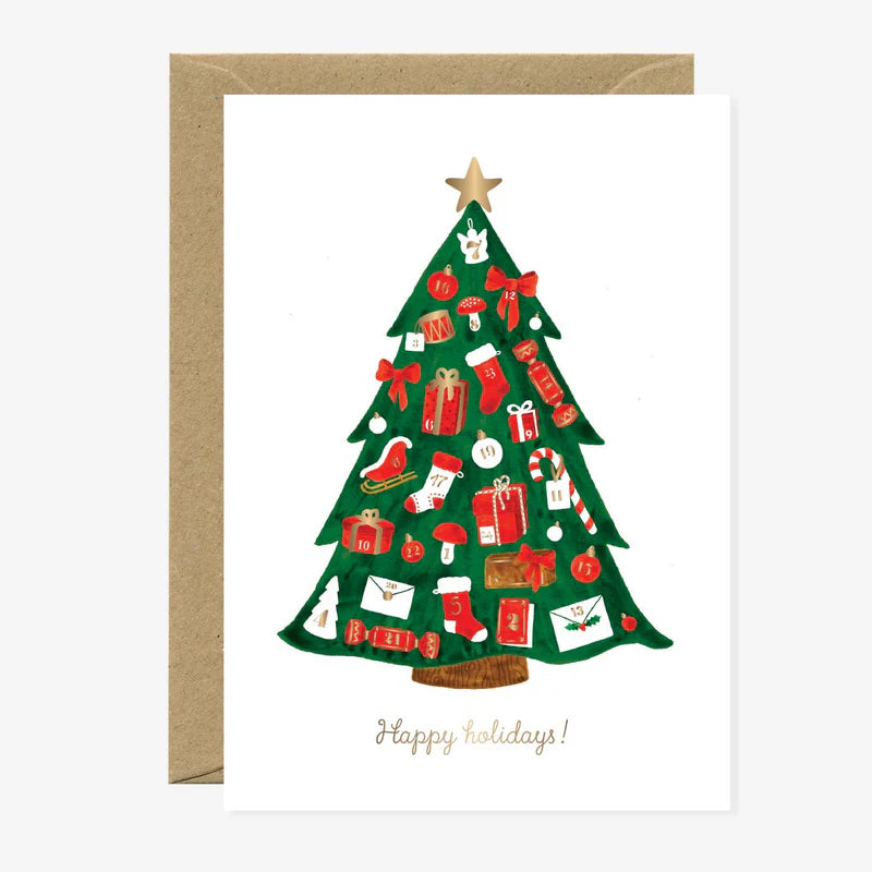 Carte de Noël en papier naturel blanc avec un sapin décoré de cadeaux numérotés comme un calendrier de l'avent - Papeterie