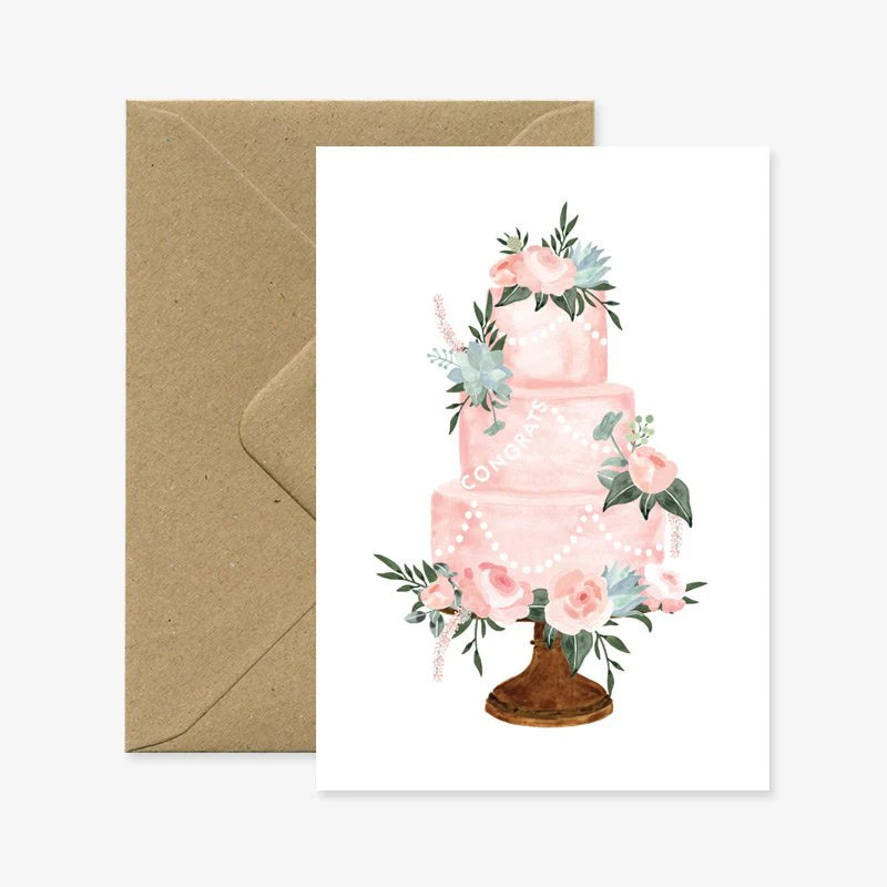 Carte de vœux en papier naturel blanc avec un gâteau de mariage - Papeterie