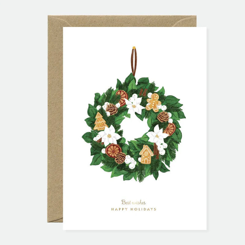 Carte de Noël en papier naturel blanc avec une couronne de Noël décorée - Papeterie