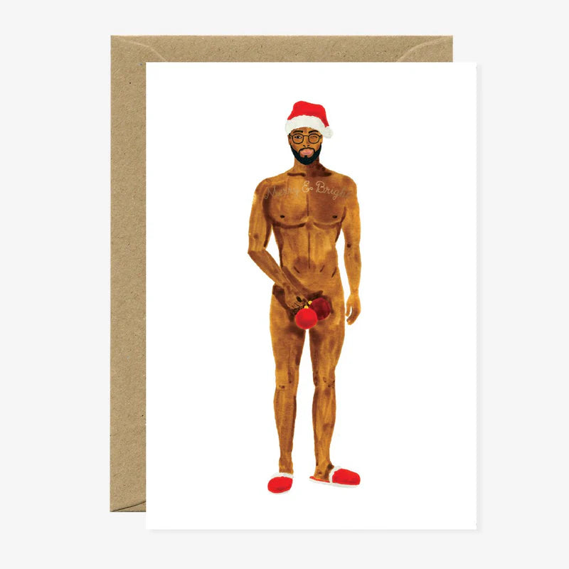 Carte de Noël en papier naturel blanc avec un homme tout nu portant un bonnet de père Noël se cachant les parties intimes avec des ornements de sapin de Noël - Papeterie