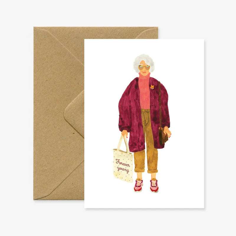 Carte de vœux en papier naturel blanc avec une femme âgée qui porte un tote bag portant l'inscription "forever Young" - Papeterie
