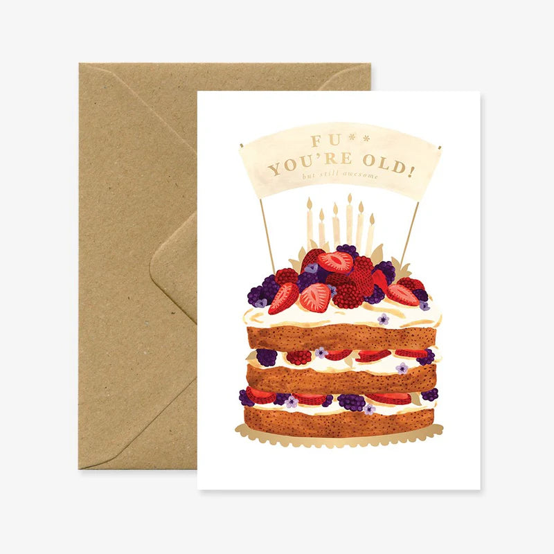 Carte d'anniversaire en papier naturel blanc avec un gâteau d'anniversaire aux fruits rouges - Papeterie