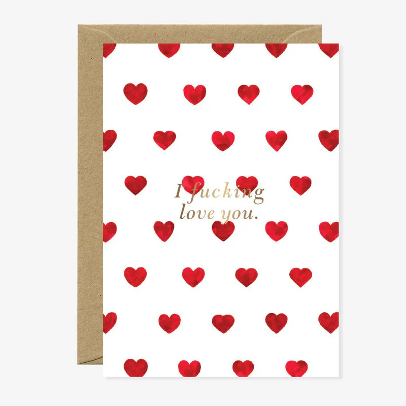 Carte de vœux en papier naturel blanc avec des cœurs rouges et l'inscription "i fucking love you" - Papeterie