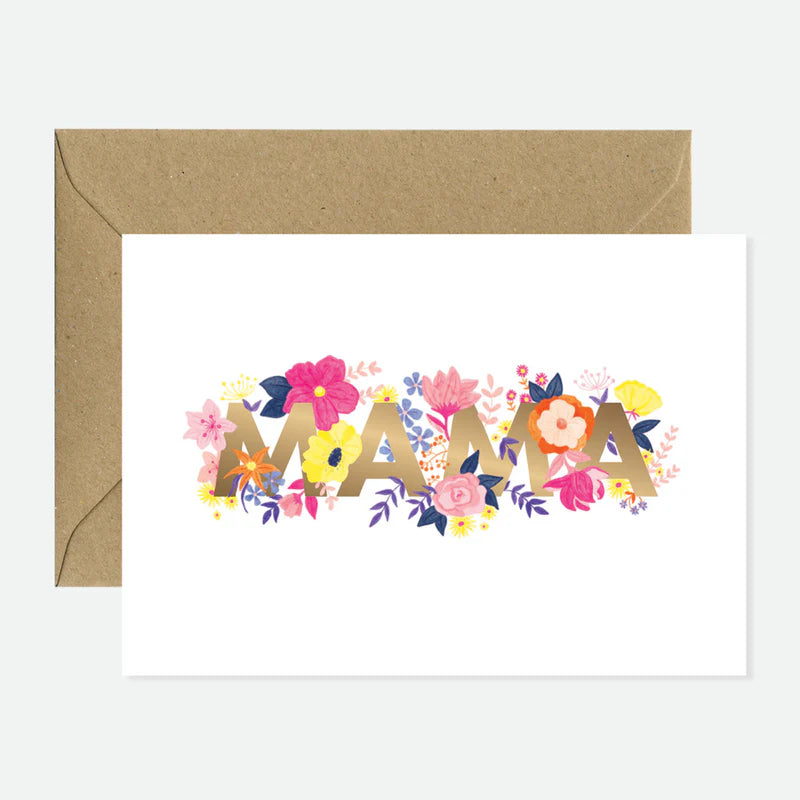 Carte pour la fête des mères en papier naturel blanc avec "Mama" écrit en doré orné de fleurs - Papeterie