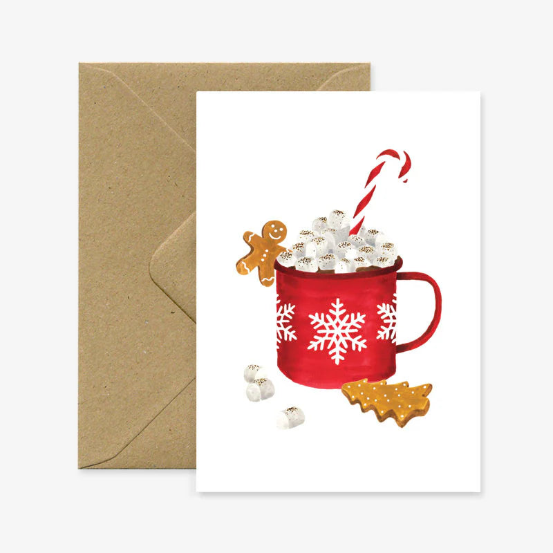 Carte de Noël en papier naturel blanc avec un mug de Noël rempli de marshmallow - Papeterie