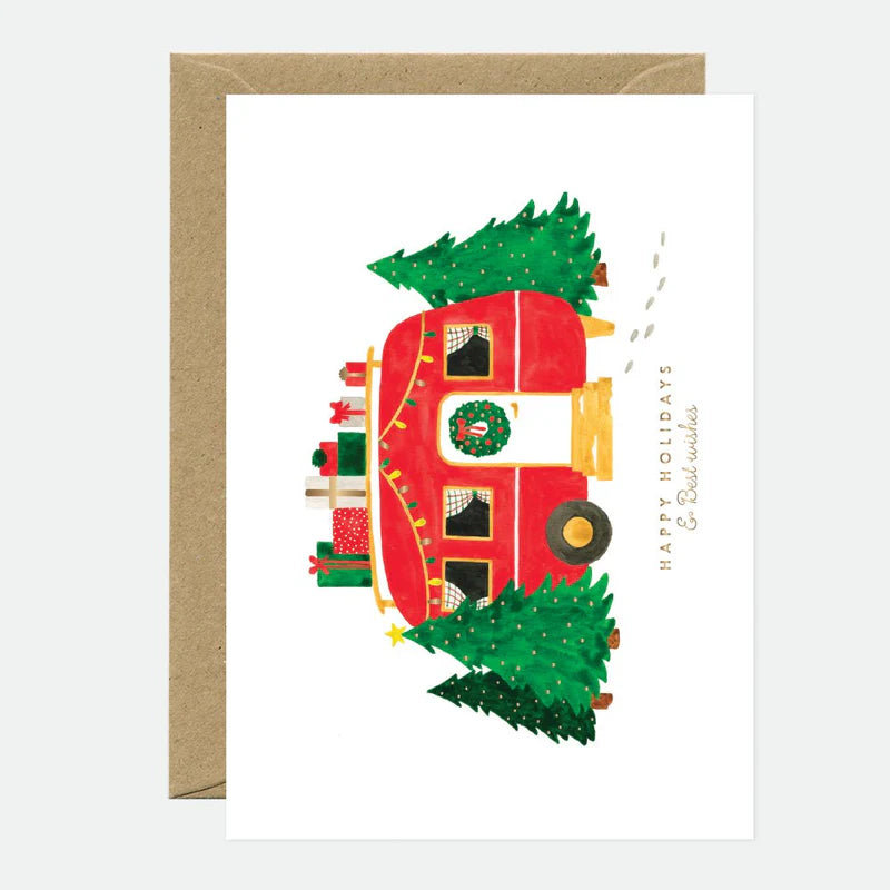 Carte de Noël en papier naturel blanc avec une caravane ornée de décorations de Noël - Papeterie