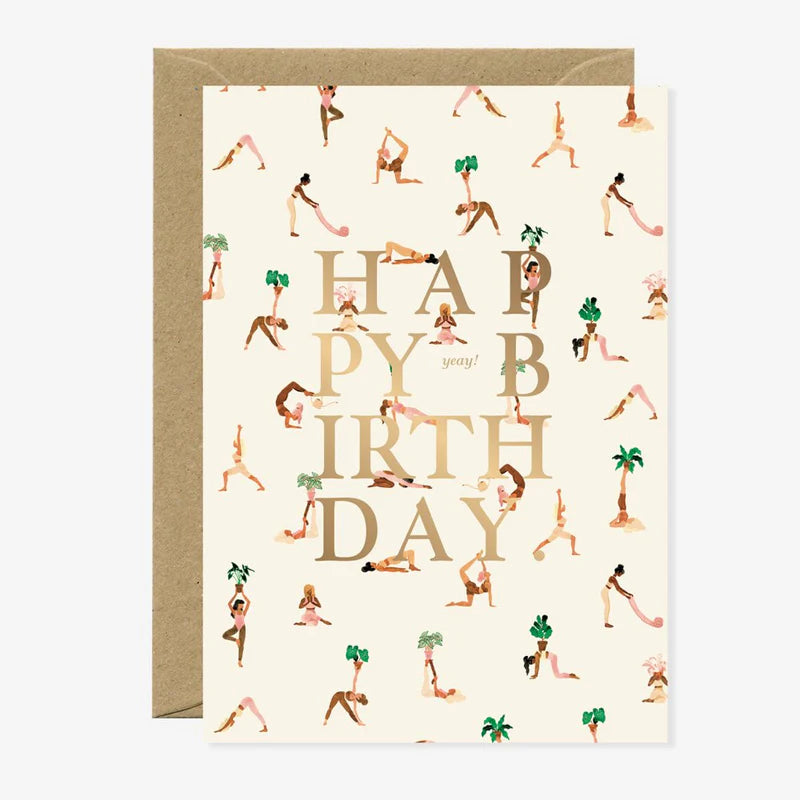 Carte d'anniversaire en papier naturel blanc avec des femmes qui font du yoga - Papeterie