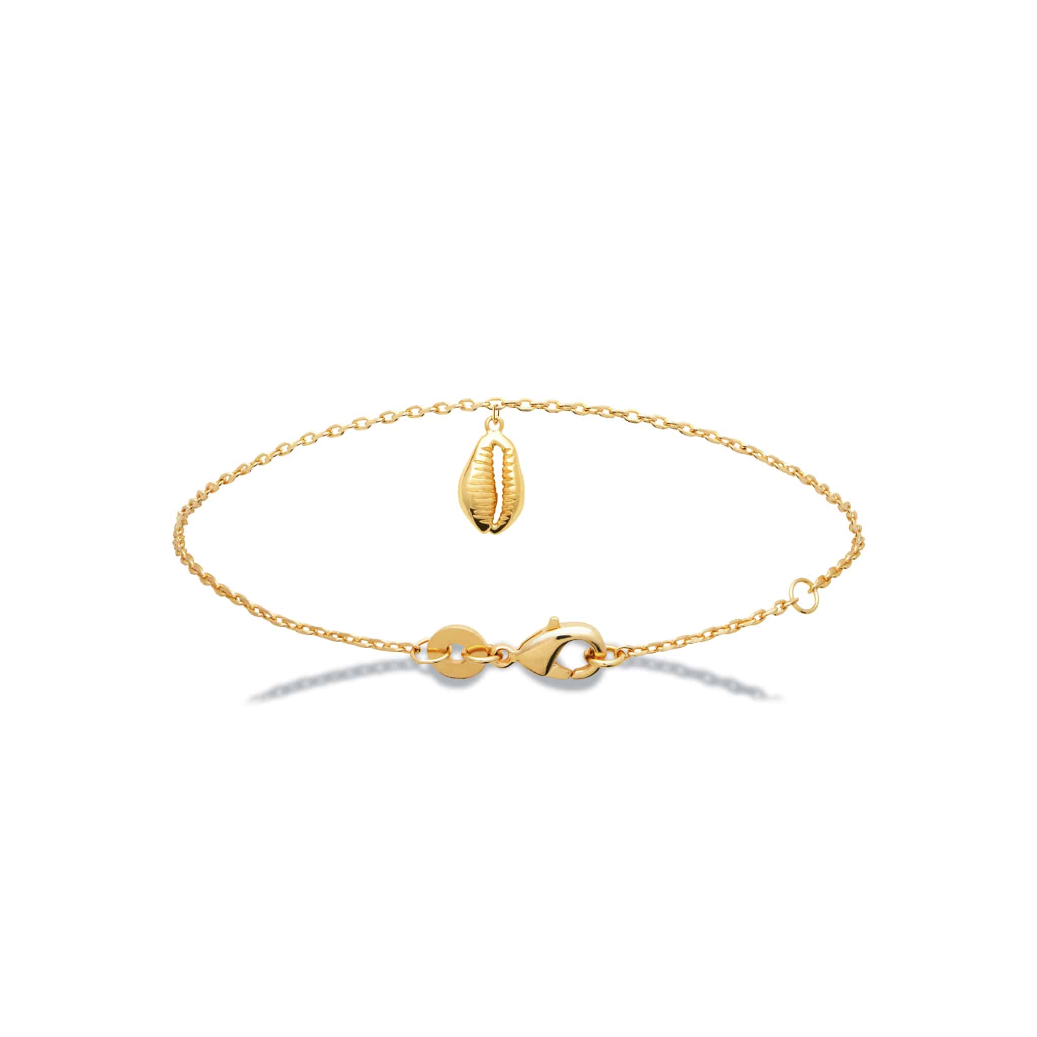 Chaîne de cheville dorée Cauri avec pendentif coquillage - Bijou photographié sur fond blanc