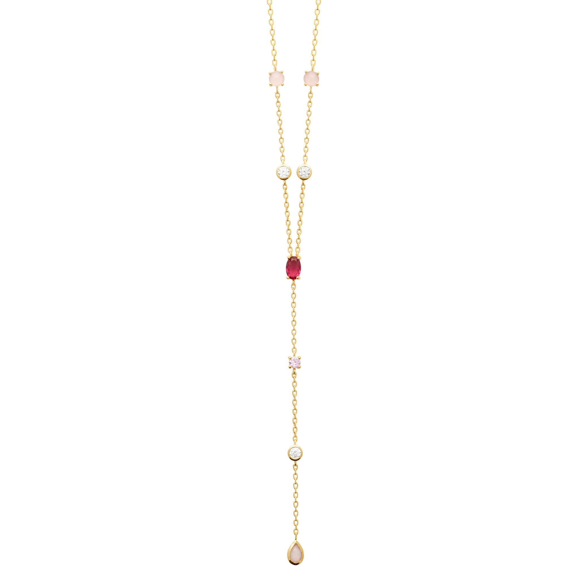 Collier doré Dalia rose cravate avec quartz rose et zircons - Bijou photographié sur fond blanc