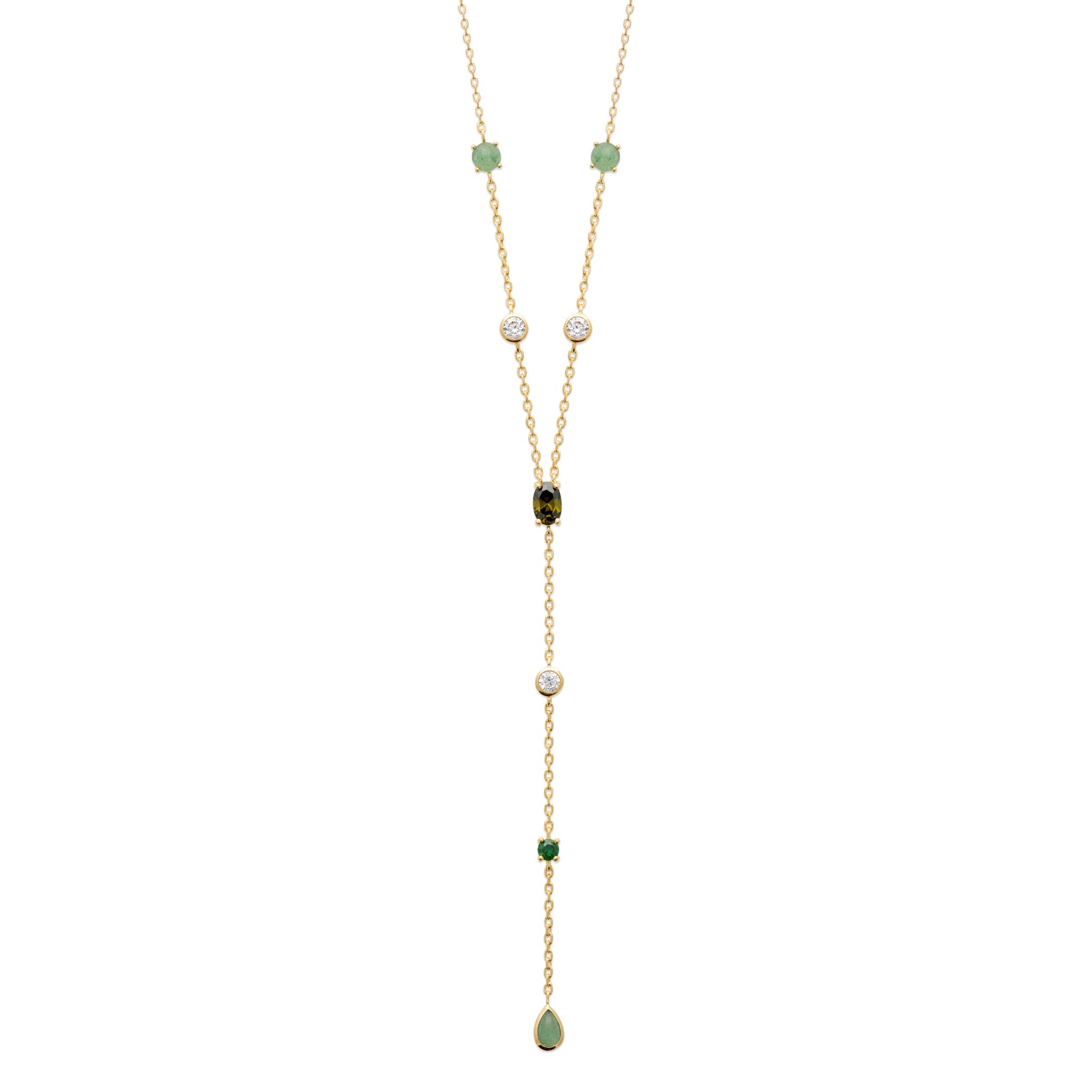Collier doré Dalia vert cravate avec zircons et aventurine - Bijou photographié sur fond blanc