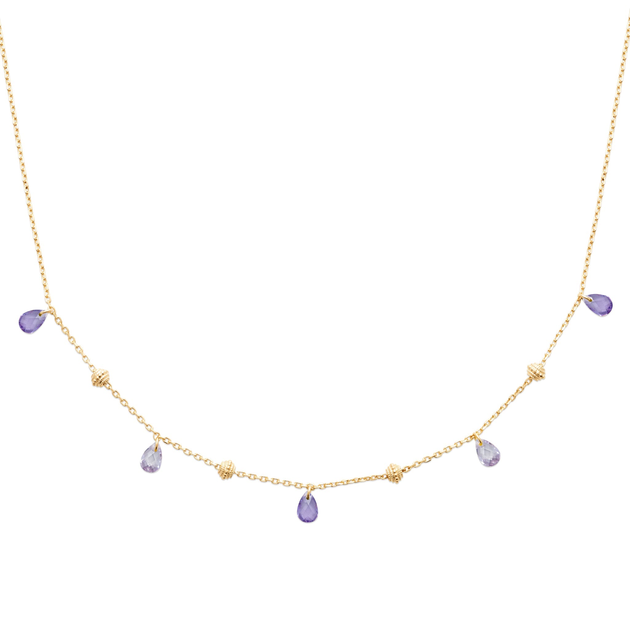 Collier doré Meilani avec pampilles zircons violet - Bijou photographié sur fond blanc